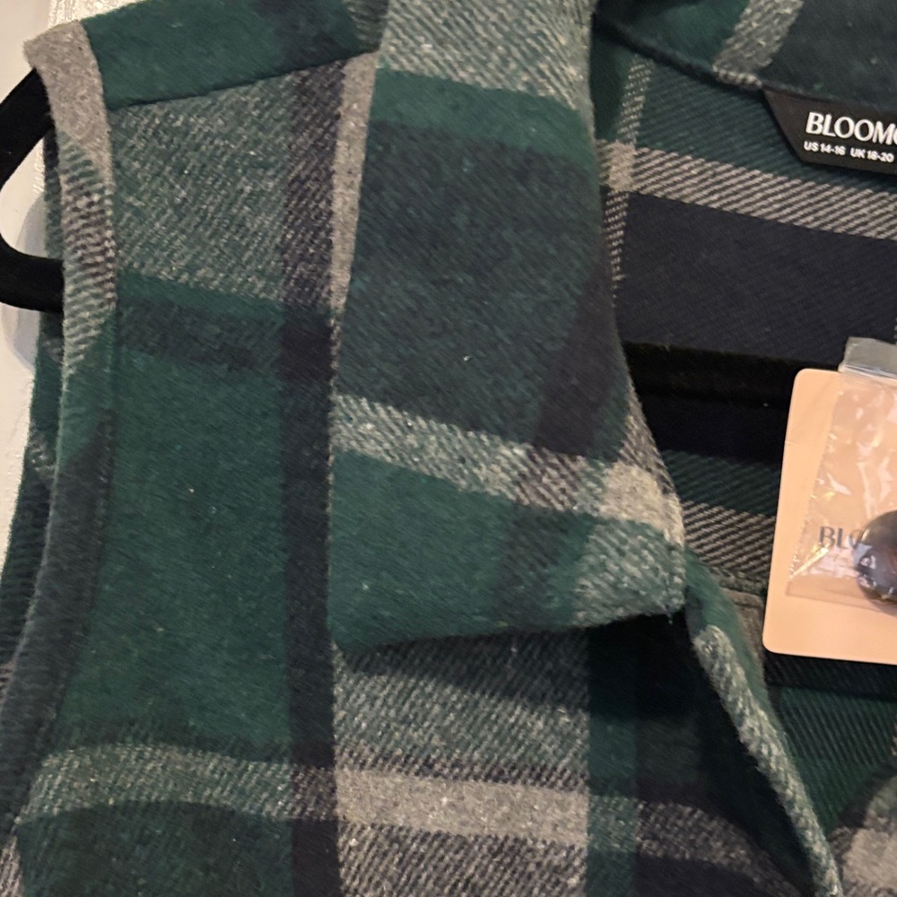 Bloomchic Green/Navy/Gray Plaid Flannel Vest Jacket - Picture 3 of 9